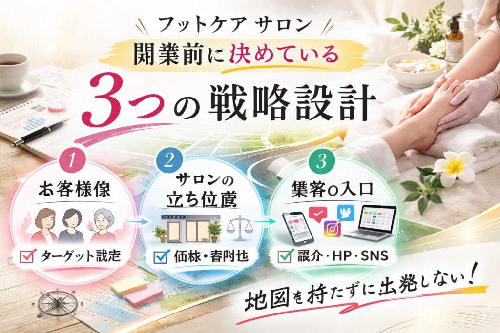 フットケア サロン 開業前に決めるお客様像・サロンの立ち位置・集客の入口という3つの戦略設計を示した横型バナー画像