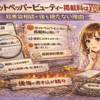 ホットペッパービューティー掲載料は罠？知恵袋相談が後を絶たない理由を解説したアイキャッチ画像。掲載料や契約内容に悩むサロンオーナーと、知恵袋の相談投稿を象徴的に描いたイラスト。