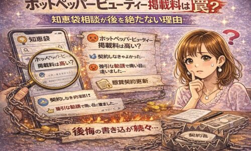 ホットペッパービューティー掲載料は罠？知恵袋相談が後を絶たない理由を解説したアイキャッチ画像。掲載料や契約内容に悩むサロンオーナーと、知恵袋の相談投稿を象徴的に描いたイラスト。
