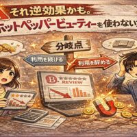 ホットペッパービューティーを使い続けるか辞めるかで悩む経営者を描いたイラスト。集客効果の低下、コスト増加、評価低下を示すアイコンと「分岐点」のサインが描かれている。