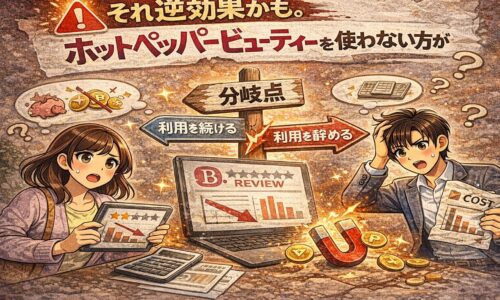 ホットペッパービューティーを使い続けるか辞めるかで悩む経営者を描いたイラスト。集客効果の低下、コスト増加、評価低下を示すアイコンと「分岐点」のサインが描かれている。