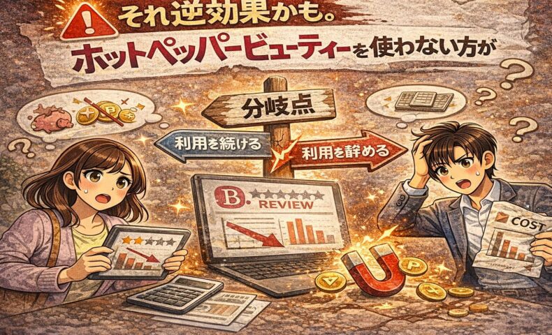 ホットペッパービューティーを使い続けるか辞めるかで悩む経営者を描いたイラスト。集客効果の低下、コスト増加、評価低下を示すアイコンと「分岐点」のサインが描かれている。