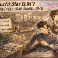 美容院で会話をしない静かな時間と満足感の関係を、穏やかな表情の客と優しく施術する美容師、サイレントメニュー表示で表現したアンティーク調アニメ風アイキャッチ画像