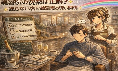 美容院で会話をしない静かな時間と満足感の関係を、穏やかな表情の客と優しく施術する美容師、サイレントメニュー表示で表現したアンティーク調アニメ風アイキャッチ画像