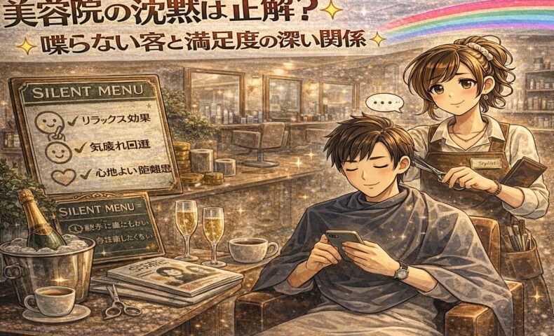 美容院で会話をしない静かな時間と満足感の関係を、穏やかな表情の客と優しく施術する美容師、サイレントメニュー表示で表現したアンティーク調アニメ風アイキャッチ画像