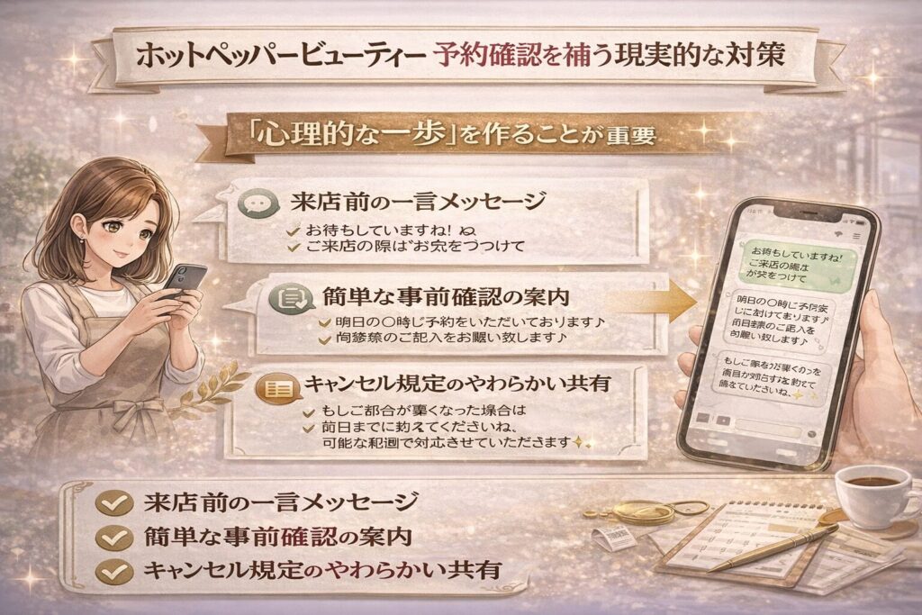ホットペッパービューティー予約確認を補う現実的な対策を解説する横型インフォグラフィック画像。来店前メッセージ、事前確認案内、キャンセル規定の共有を視覚的に表現している。
