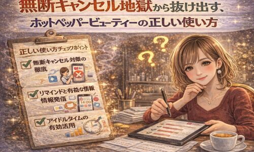 無断キャンセル地獄から抜け出す方法を解説するアイキャッチ画像。チェックリストとタブレットを前に、落ち着いて対策を考えるサロンオーナーの女性イラストで、ホットペッパービューティーの正しい使い方を表現。