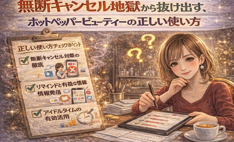 無断キャンセル地獄から抜け出す方法を解説するアイキャッチ画像。チェックリストとタブレットを前に、落ち着いて対策を考えるサロンオーナーの女性イラストで、ホットペッパービューティーの正しい使い方を表現。