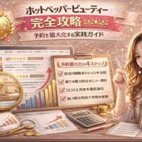 ホットペッパービューティー完全攻略をテーマにしたアイキャッチ画像。金色とピンクを基調に、地域1位のメダル、予約最大化4ステップのチェックリスト、売上グラフ、電卓、虫眼鏡が配置され、右側には完全攻略ガイドを持つ女性が描かれている。