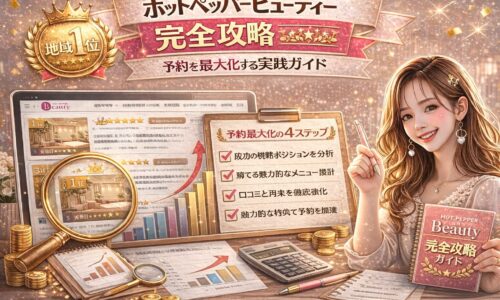 ホットペッパービューティー完全攻略をテーマにしたアイキャッチ画像。金色とピンクを基調に、地域1位のメダル、予約最大化4ステップのチェックリスト、売上グラフ、電卓、虫眼鏡が配置され、右側には完全攻略ガイドを持つ女性が描かれている。