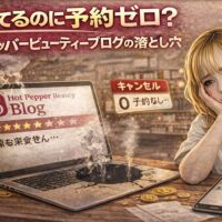 ホットペッパービューティーブログを書いているのに予約が入らず、パソコン画面を見て落ち込むサロン経営者の女性を描いたイメージ画像