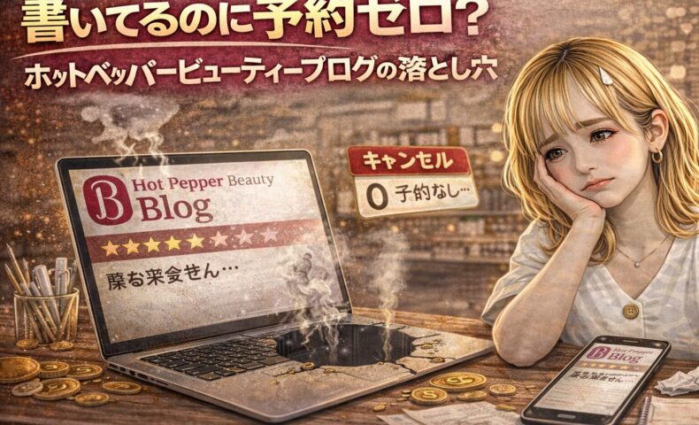 ホットペッパービューティーブログを書いているのに予約が入らず、パソコン画面を見て落ち込むサロン経営者の女性を描いたイメージ画像