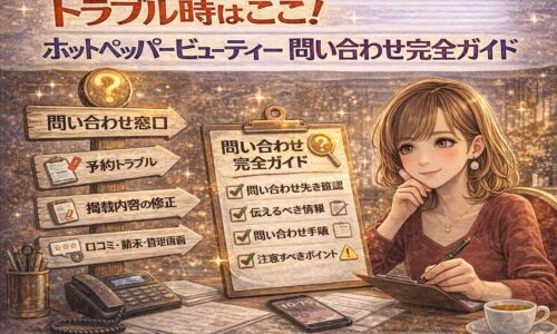 ホットペッパービューティーでトラブルが起きた際の正しい問い合わせ先や対応方法を案内するアイキャッチ画像。チェックリストと案内表示を確認するサロンオーナーのイラスト。