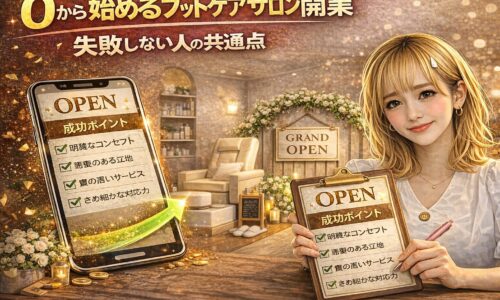 フットケアサロン開業を目指す女性が、ノートや資料を前に前向きに準備している様子を表したイメージ画像