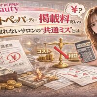 ホットペッパービューティーの掲載料が高く元が取れない問題をテーマに、マイナス表示の電卓、赤字の請求書、コストと利益が傾いた天秤、困惑する女性を組み合わせた警告系アイキャッチ画像。