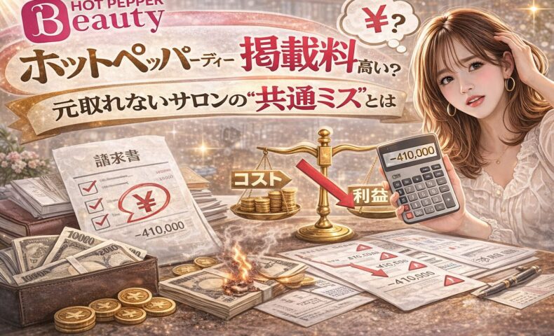 ホットペッパービューティーの掲載料が高く元が取れない問題をテーマに、マイナス表示の電卓、赤字の請求書、コストと利益が傾いた天秤、困惑する女性を組み合わせた警告系アイキャッチ画像。