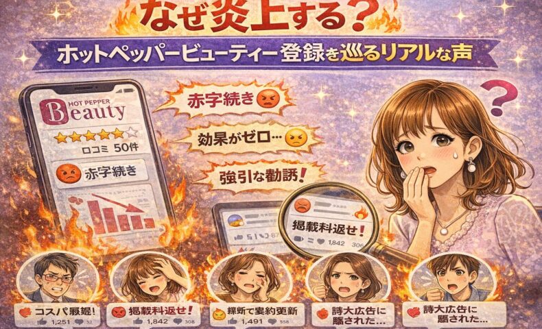 なぜ炎上する？ホットペッパービューティー登録を巡るリアルな声をテーマにしたアイキャッチ画像。赤字・効果ゼロ・強引な勧誘などの不満が噴出し、悩むサロンオーナーと炎上表現が描かれたイラスト。