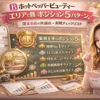 ホットペッパービューティーでエリア1位を狙うためのポジション戦略を解説するアイキャッチ画像。地域1位のゴールドバッジ、サロンランキング画面、虫眼鏡で拡大された店舗、黒板に「地域No.1タイプ」「口コミ超人気タイプ」「特化メニュータイプ」「低価格競争タイプ」「おしゃれ内装タイプ」の5パターンが表示され、上昇グラフやコインが配置されている。