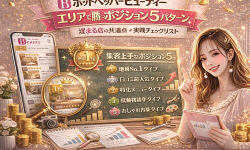 ホットペッパービューティーでエリア1位を狙うためのポジション戦略を解説するアイキャッチ画像。地域1位のゴールドバッジ、サロンランキング画面、虫眼鏡で拡大された店舗、黒板に「地域No.1タイプ」「口コミ超人気タイプ」「特化メニュータイプ」「低価格競争タイプ」「おしゃれ内装タイプ」の5パターンが表示され、上昇グラフやコインが配置されている。