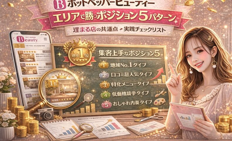 ホットペッパービューティーでエリア1位を狙うためのポジション戦略を解説するアイキャッチ画像。地域1位のゴールドバッジ、サロンランキング画面、虫眼鏡で拡大された店舗、黒板に「地域No.1タイプ」「口コミ超人気タイプ」「特化メニュータイプ」「低価格競争タイプ」「おしゃれ内装タイプ」の5パターンが表示され、上昇グラフやコインが配置されている。