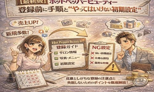 ホットペッパービューティー登録前に知るべきリアルな数字をテーマに、売上期待と現実の利益差を対比した日本風アニメ調インフォグラフィック