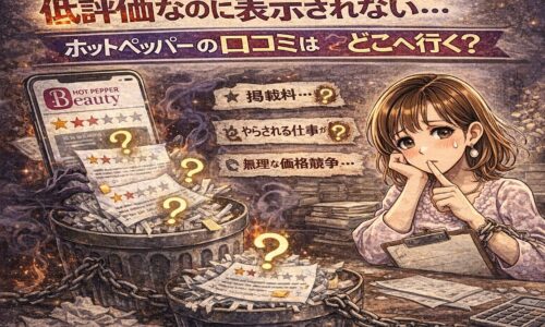 低評価なのに表示されない…ホットペッパーの口コミはどこへ行くのかを表現したアイキャッチ画像。消えていく低評価レビューと、不安そうに考え込むサロンオーナーのイラスト。