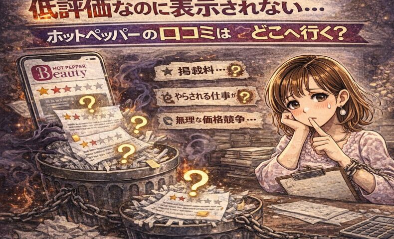 低評価なのに表示されない…ホットペッパーの口コミはどこへ行くのかを表現したアイキャッチ画像。消えていく低評価レビューと、不安そうに考え込むサロンオーナーのイラスト。
