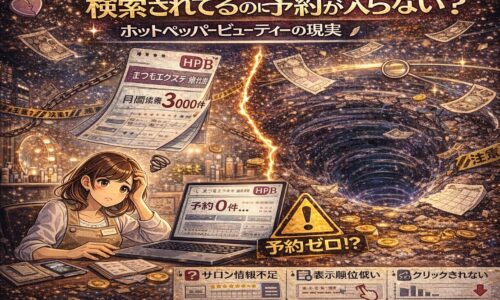検索表示はされているのに予約につながらず悩むサロンオーナーと、ホットペッパービューティー集客の仕組みを示したイラスト