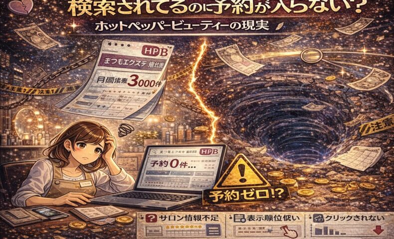 検索表示はされているのに予約につながらず悩むサロンオーナーと、ホットペッパービューティー集客の仕組みを示したイラスト
