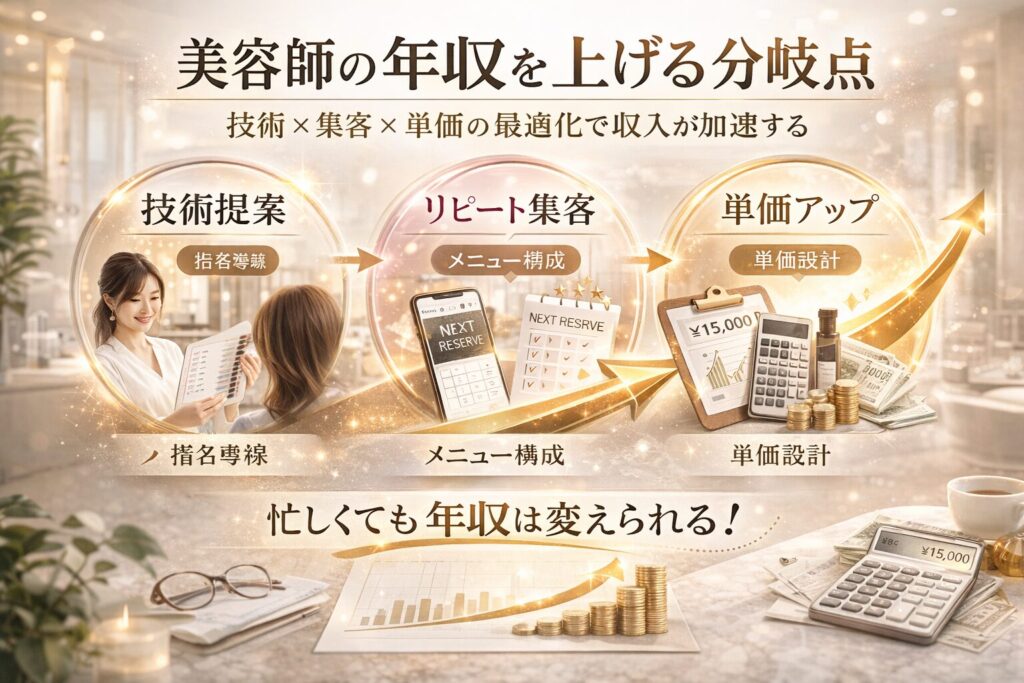 美容師の年収を上げる分岐点として単価設計・リピート集客・指名導線の最適化を示した横型戦略イメージ画像