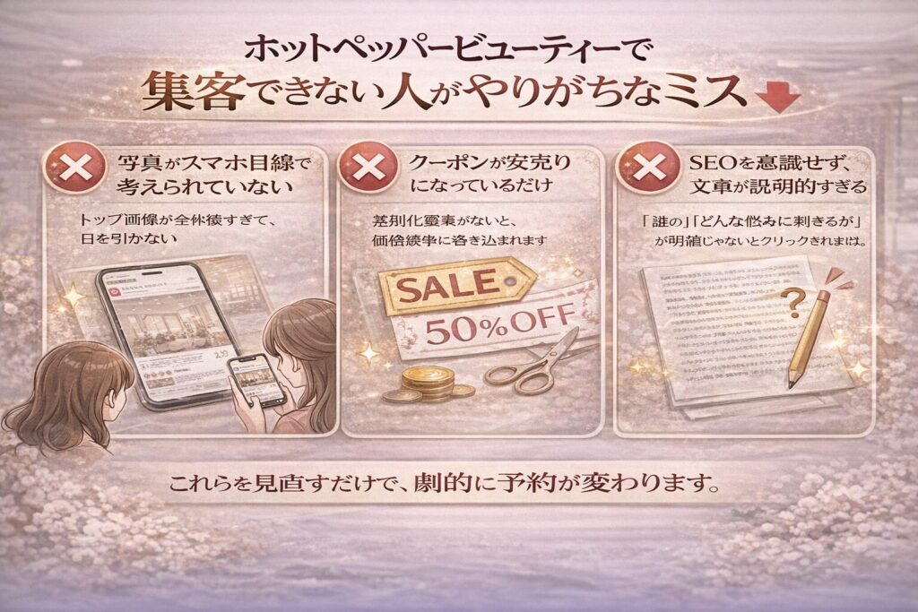 ホットペッパービューティーで集客できない人がやりがちなミス（写真設計不足、安売りクーポン、SEO不在の文章）を解説した横型インフォグラフィック画像