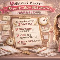 ホットペッパービューティーのキャッチコピー設計をテーマにしたアイキャッチ画像。金とピンクを基調に、「選ばれるキャッチコピー3つのポイント」と書かれたチェックリスト、3秒を示す時計、付箋メモ、スマホ画面が配置され、右側にはキャッチコピー設計ガイドを持つ女性が描かれている。