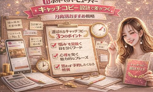 ホットペッパービューティーのキャッチコピー設計をテーマにしたアイキャッチ画像。金とピンクを基調に、「選ばれるキャッチコピー3つのポイント」と書かれたチェックリスト、3秒を示す時計、付箋メモ、スマホ画面が配置され、右側にはキャッチコピー設計ガイドを持つ女性が描かれている。