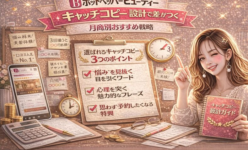ホットペッパービューティーのキャッチコピー設計をテーマにしたアイキャッチ画像。金とピンクを基調に、「選ばれるキャッチコピー3つのポイント」と書かれたチェックリスト、3秒を示す時計、付箋メモ、スマホ画面が配置され、右側にはキャッチコピー設計ガイドを持つ女性が描かれている。