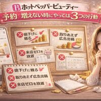 ホットペッパービューティーで予約が増えない時にやってはいけない3つの行動を解説するアイキャッチ画像。スマホのサロン掲載画面、赤いバツ印付きのメモ「値下げに頼る」「取りあえず広告出稿」「来店ゼロを放置」、悩む女性とコインやカレンダーが描かれている。