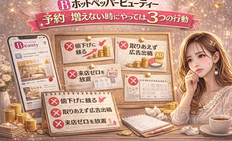 ホットペッパービューティーで予約が増えない時にやってはいけない3つの行動を解説するアイキャッチ画像。スマホのサロン掲載画面、赤いバツ印付きのメモ「値下げに頼る」「取りあえず広告出稿」「来店ゼロを放置」、悩む女性とコインやカレンダーが描かれている。