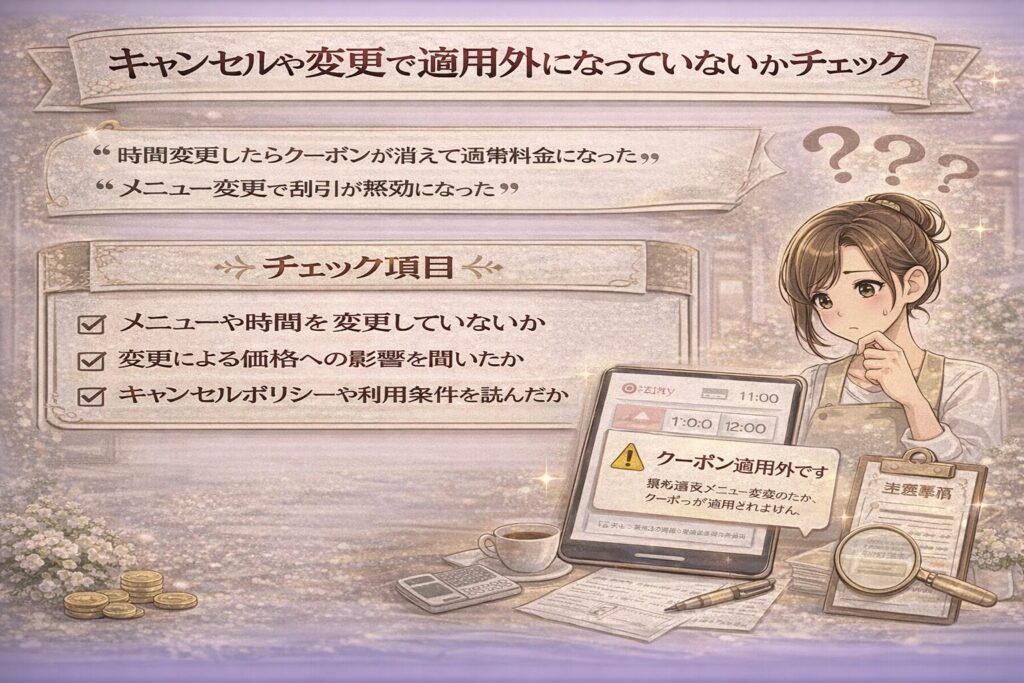 ホットペッパービューティーの予約変更やキャンセルによるクーポン適用外リスクを解説した横型インフォグラフィック画像。変更時の注意点とチェック項目を視覚的にまとめている。