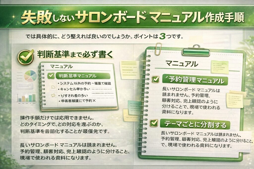 失敗しないサロンボード マニュアル作成手順を解説した横型インフォグラフィック画像。判断基準の明文化とテーマ分割の重要性を説明。