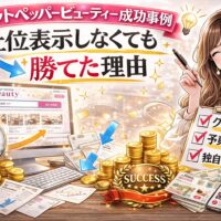 ホットペッパービューティーの成功事例として、上位表示しなくても予約数を伸ばした理由を解説するアイキャッチ画像。女性イラストと売上アップのグラフ、クーポン設計やページ改善のチェックリストが描かれている。