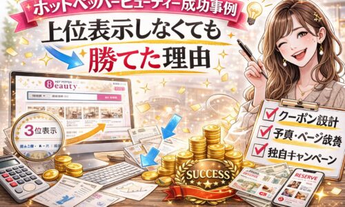ホットペッパービューティーの成功事例として、上位表示しなくても予約数を伸ばした理由を解説するアイキャッチ画像。女性イラストと売上アップのグラフ、クーポン設計やページ改善のチェックリストが描かれている。