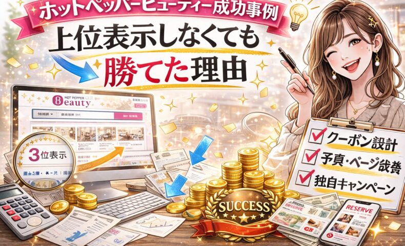 ホットペッパービューティーの成功事例として、上位表示しなくても予約数を伸ばした理由を解説するアイキャッチ画像。女性イラストと売上アップのグラフ、クーポン設計やページ改善のチェックリストが描かれている。