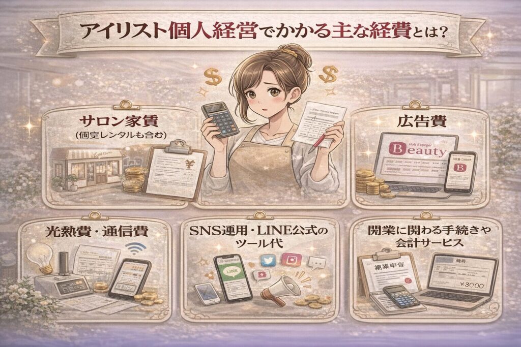 アイリスト個人経営でかかる主な経費をまとめた横型インフォグラフィック画像。サロン家賃、材料費、広告費、光熱費・通信費、SNS運用・LINE公式ツール代、開業手続きや会計サービス費用を視覚的に整理している。