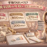 美容師の年収と手取り額をテーマにしたアイキャッチ画像。金とピンクを基調に、平均年収380万円、トップクラス800万円以上、手取り270万円などの数値ボードが表示され、札束や電卓、売上グラフが配置されている。右側には電卓を持つ女性美容師が描かれている。