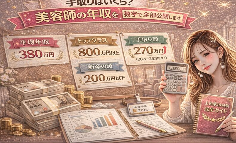 美容師の年収と手取り額をテーマにしたアイキャッチ画像。金とピンクを基調に、平均年収380万円、トップクラス800万円以上、手取り270万円などの数値ボードが表示され、札束や電卓、売上グラフが配置されている。右側には電卓を持つ女性美容師が描かれている。