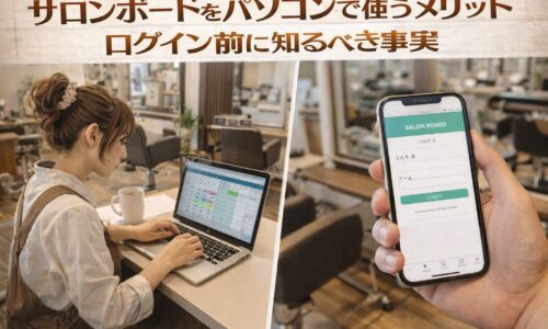 サロンボードをパソコンで活用する美容師と、スマホログイン画面を対比で示した美容室向けアイキャッチ画像