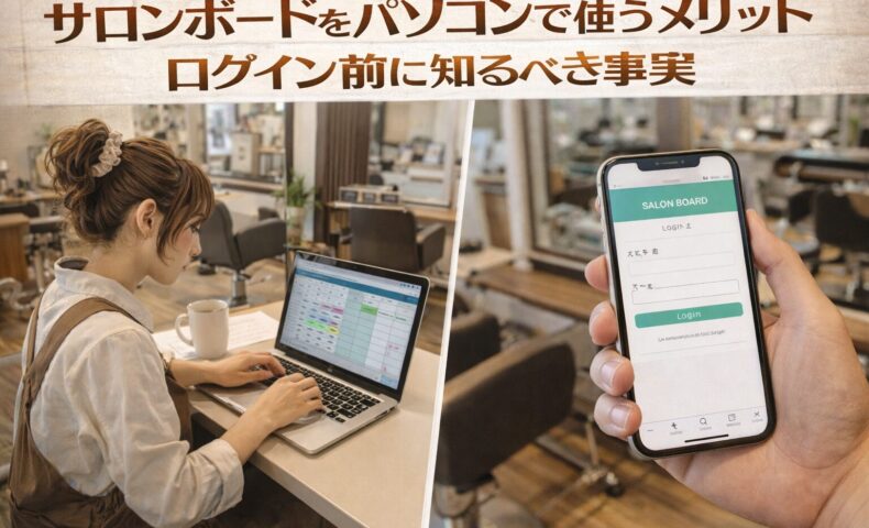 サロンボードをパソコンで活用する美容師と、スマホログイン画面を対比で示した美容室向けアイキャッチ画像