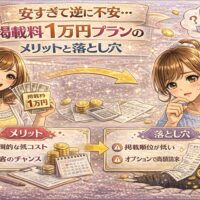 掲載料1万円プランのメリットと落とし穴を表現したカラフルな美容サロンイメージ