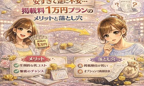 掲載料1万円プランのメリットと落とし穴を表現したカラフルな美容サロンイメージ