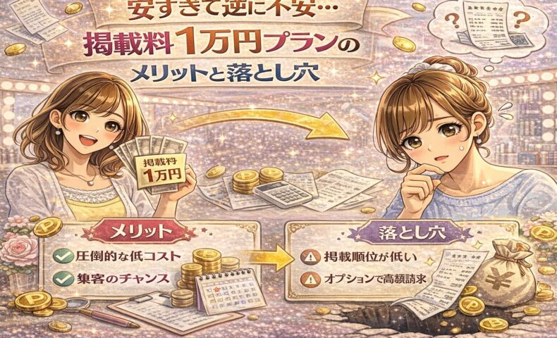 掲載料1万円プランのメリットと落とし穴を表現したカラフルな美容サロンイメージ