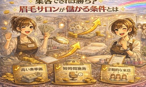 眉毛サロンが儲かる条件をテーマに、売上上昇グラフや現金、笑顔のアイブロウリストを描いたアニメ風アイキャッチ画像